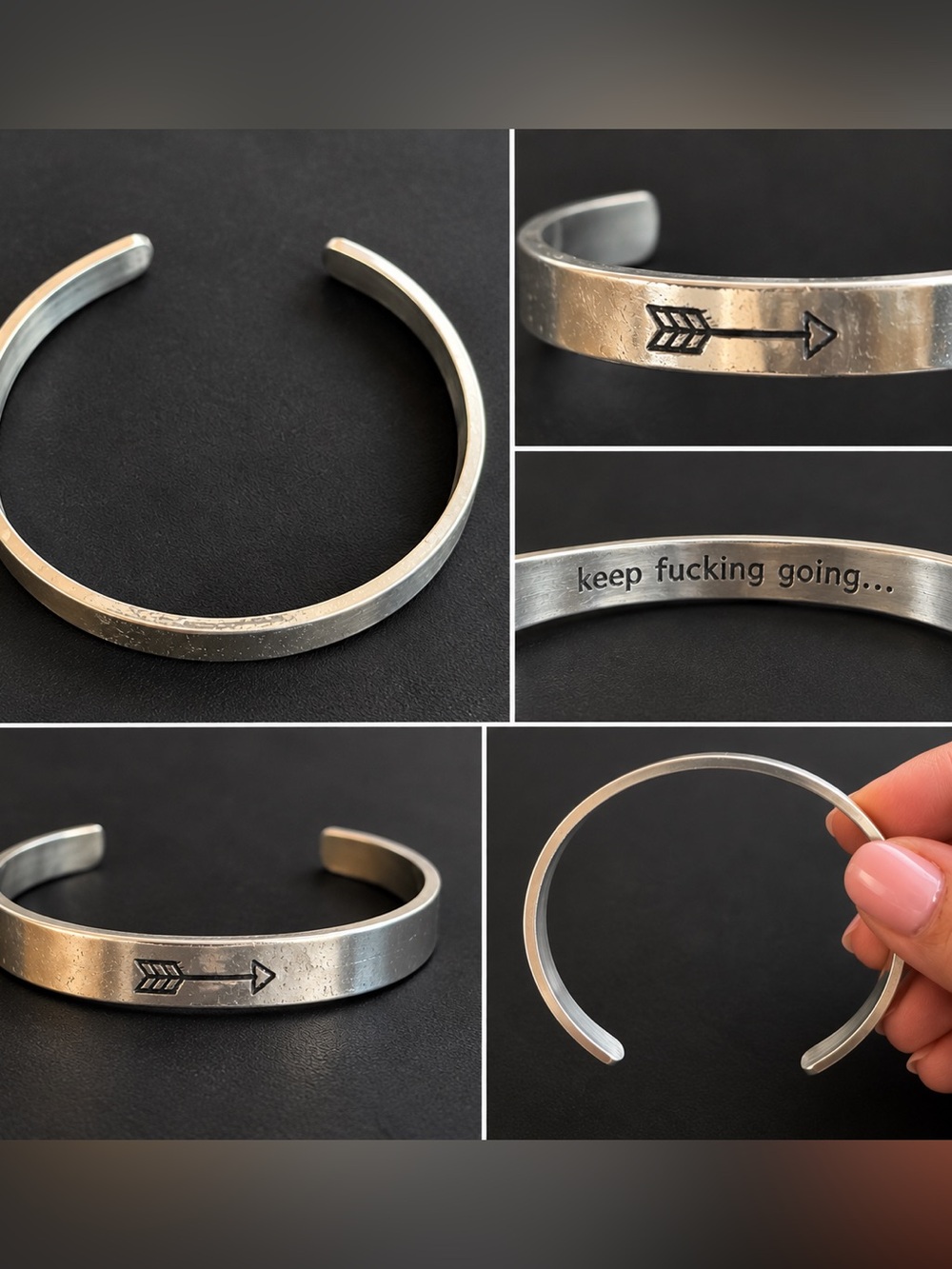 Keep Fucking Going Cuff Bracelet Silver Tone Arrow Motivational Bracelet